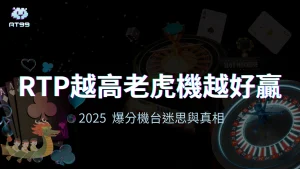 AT99娛樂城高RTP老虎機迷思視覺主圖,對應2025年爆分機台與玩家誤解解析文章。