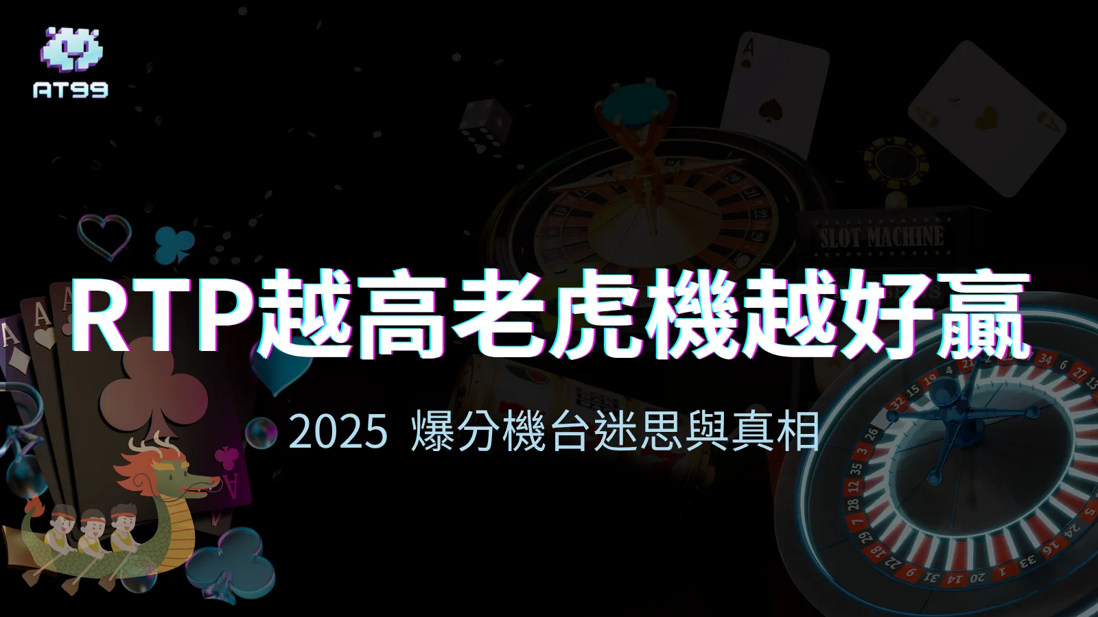 AT99娛樂城高RTP老虎機迷思視覺主圖，對應2025年爆分機台與玩家誤解解析文章。