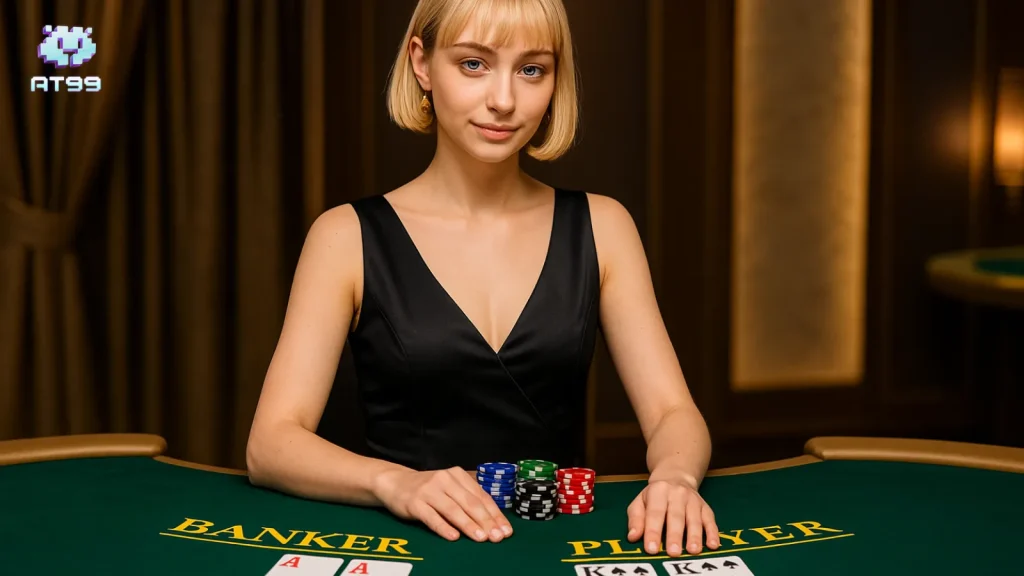 AT99娛樂城一位年輕女荷官坐在百家樂牌桌後方，桌面擺放籌碼與撲克牌，呈現線上真人百家樂的遊戲情境。