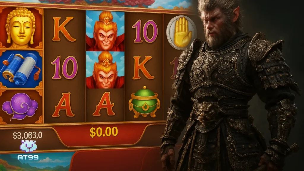 AT99娛樂城如來抓猴遊戲畫面，融合黑神話悟空風格的中式奇幻老虎機主題