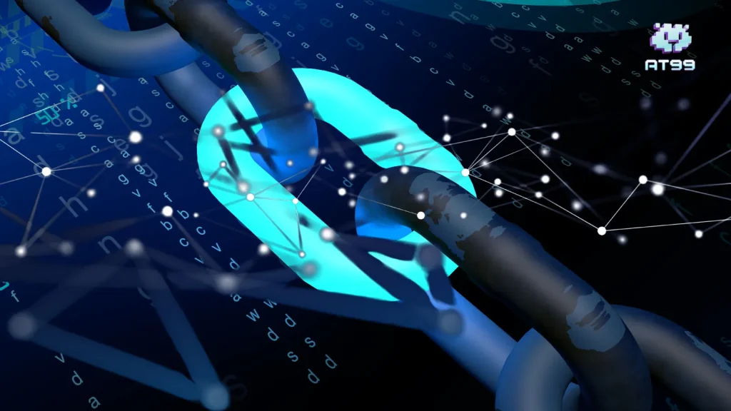 AT99娛樂城USDT入金失敗怎麼辦?2025年最常見的3大儲值錯誤 1 AT99娛樂城 USDT 入金失敗示意圖,區塊鏈鏈條與網路節點連線視覺化設計