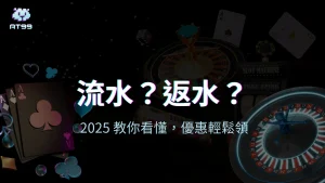 AT99娛樂城2025年洗碼量與返水機制介紹，畫面包含撲克牌、輪盤與彩金圖示。